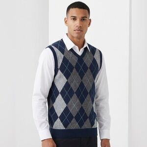 Izod Men’s Navy Blue Gray Argyle Knit V-Neck Sweater Classic Academia Size L